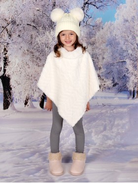 Kids Soft Faux Fur Poncho W/  Zig-zag Pattern and Faux Fur Neckline (3-7 Years Old) 